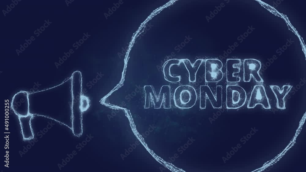 Poster Megaphone banner with speech bubble and text cyber monday. Plexus style of green glowing dots and lines