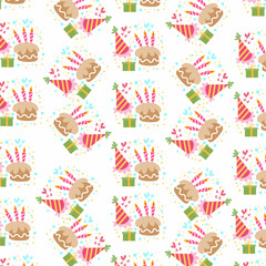 Seamless pattern. Birthday cake portrait with gifts. pattern For valentine,bed sheets, cover bed, baby pajamas, print, packaging, decoration, wallpaper and design