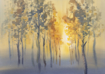 Autumn light in the forest watercolor landscape