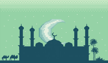 pixel art of the month of ramadan there is a magnificent mosque building under the moon and a beautiful sky