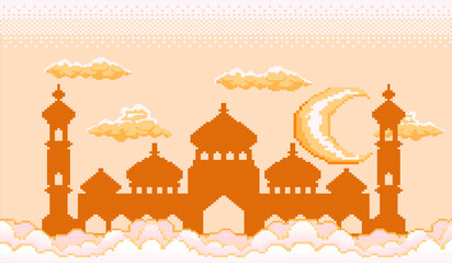 pixel art of the month of ramadan there is a magnificent mosque building under the moon and a beautiful sky