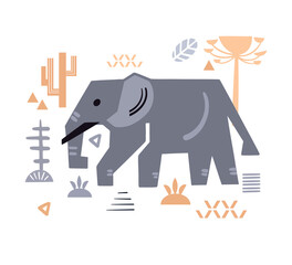 Cute decorative elephant. Animals of Africa, Asia. Scandinavian hand drawn vector illustration for design, printing. Minimalistic geometric icon.