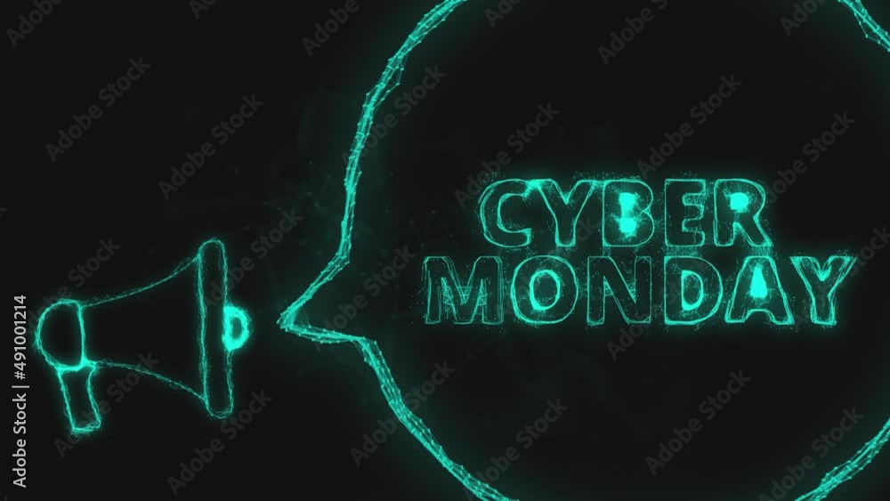 Poster Megaphone banner with speech bubble and text cyber monday. Plexus style of green glowing dots and lines