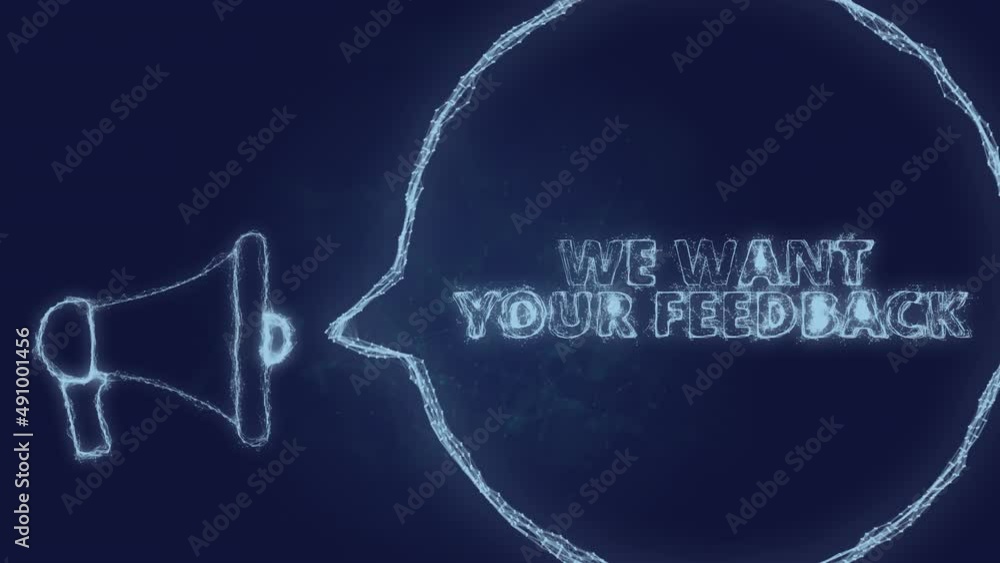 Poster Megaphone banner with speech bubble and text we want your feedback. Plexus style of green glowing dots and lines
