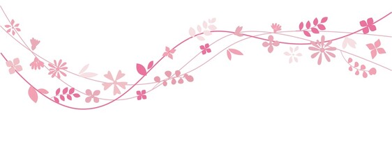 Pink flowers and leaves border illustration. Pink floral decoration graphics for spring design and background. Vector illustration