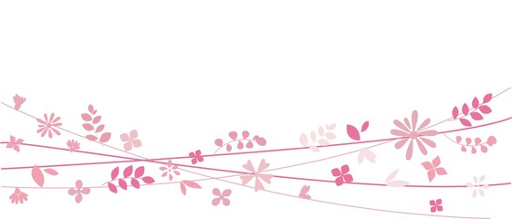 Pink flowers and leaves border illustration. Pink floral decoration graphics for spring design and background. Vector illustration