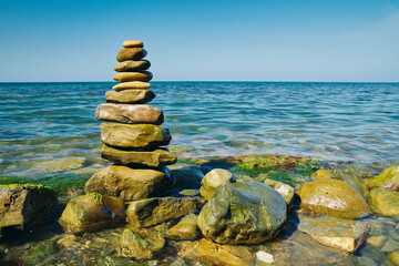 Stone pyramid on a pebble beach. Symbolizes stability and harmony