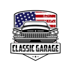 Retro car service sign. Vector illustration with the image of an old classic car, design logos, posters, banners, signage.