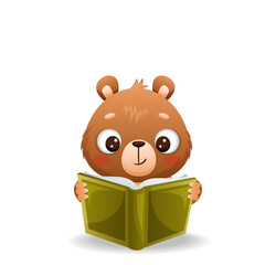 Baby bear reads a green book with interest. Drawn in cartoon style. Vector illustration for designs, prints and patterns. Isolated on white background