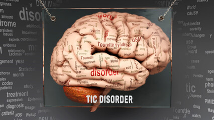 Tic disorder anatomy - its causes and effects projected on a human brain revealing Tic disorder complexity and relation to human mind. Concept art, 3d illustration