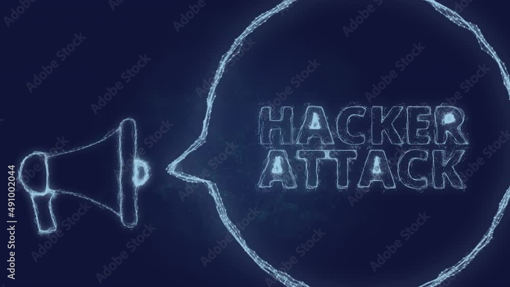 Poster Megaphone banner with speech bubble and text hacker attack. Plexus style of green glowing dots and lines