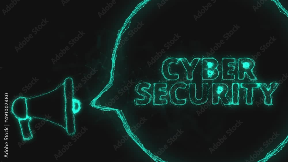 Poster Megaphone banner with speech bubble and text cyber security. Plexus style of green glowing dots and lines