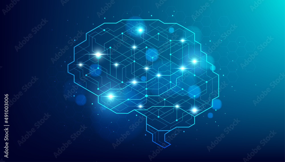 Poster human brain shape of an artificial intelligence with line dots on dark blue color background. digita