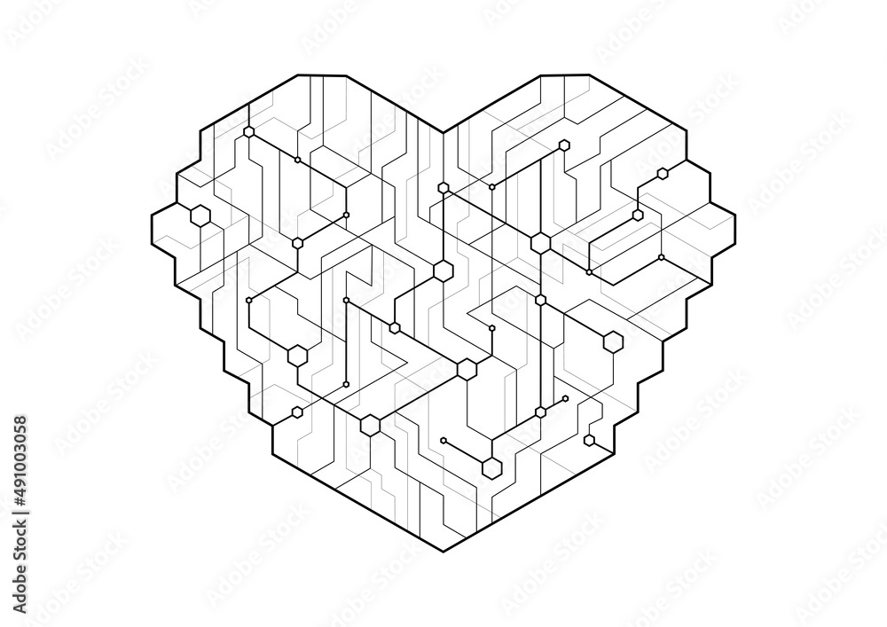 Poster dot circuit board heart shape simple design. artificial intelligence concept.