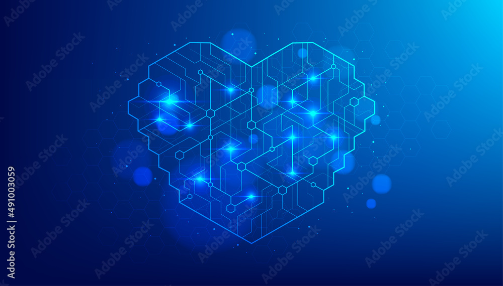 Poster heart shape of an artificial intelligence with line dots on dark blue color background. digital tech