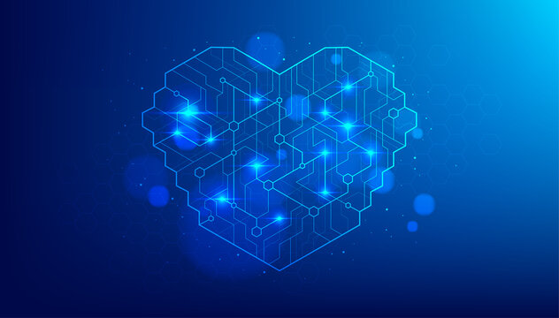 Heart shape of an artificial intelligence with line dots on dark blue color background. Digital technology heart concept.