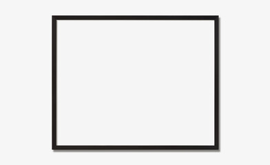 Blank picture frame mockup on white wall, horizontal artwork template. Single black frame mock-up.