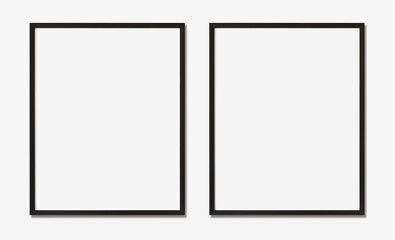 Picture frame mockup, Set of two vertical black frames on white wall, Template for artwork,...
