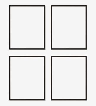 Picture frame mockup. Set of four vertical black frames on white wall. Templates for artwork, painting or poster