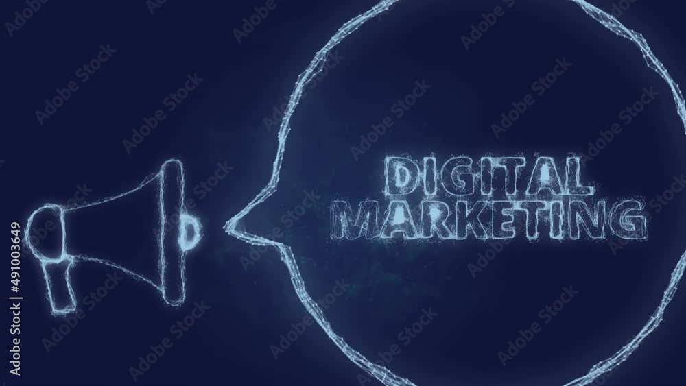 Poster Megaphone banner with speech bubble and text digital marketing. Plexus style of green glowing dots and lines