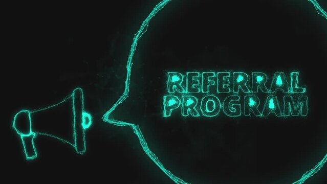 Megaphone banner with speech bubble and text referral program. Plexus style of green glowing dots and lines