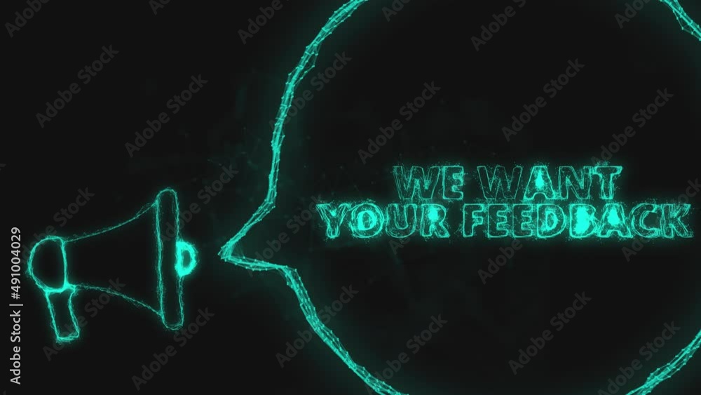 Poster Megaphone banner with speech bubble and text we want your feedback. Plexus style of green glowing dots and lines