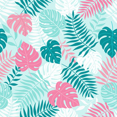 Fototapeta na wymiar Seamless pattern with tropical leaves. A hand-drawn leaf of monstera and palm trees. Vector illustration
