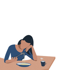 No face young beautiful long black hair woman is Sitting at table bored food.Cute girl has Anorexia-cachexia syndrome.Lady with healthy foods.Vector flat design idea concept Loss of Appetite.