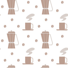 Seamless pattern with a geyser coffee maker, cups and coffee beans.