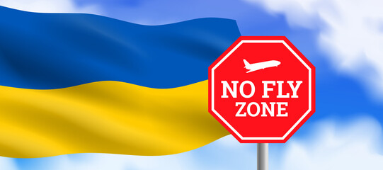 no fly zone sign waving Ukrainian flag  close sky over Ukraine vector illustration