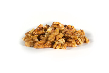 Walnuts in Pile or Heap of Halves and Pieces Isolated on White in Point of View Shot
