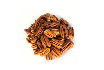 Raw Pecan Halves in Pile or Heap Isolated on White in Top Down, Flat Lay or Bird's Eye View Shot