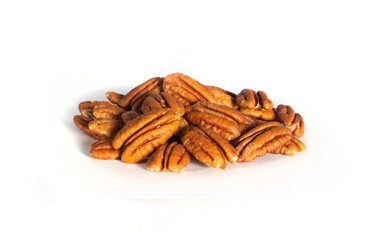 Pecan Halves in Heap or Pile Isolated on White in Point of View Shot