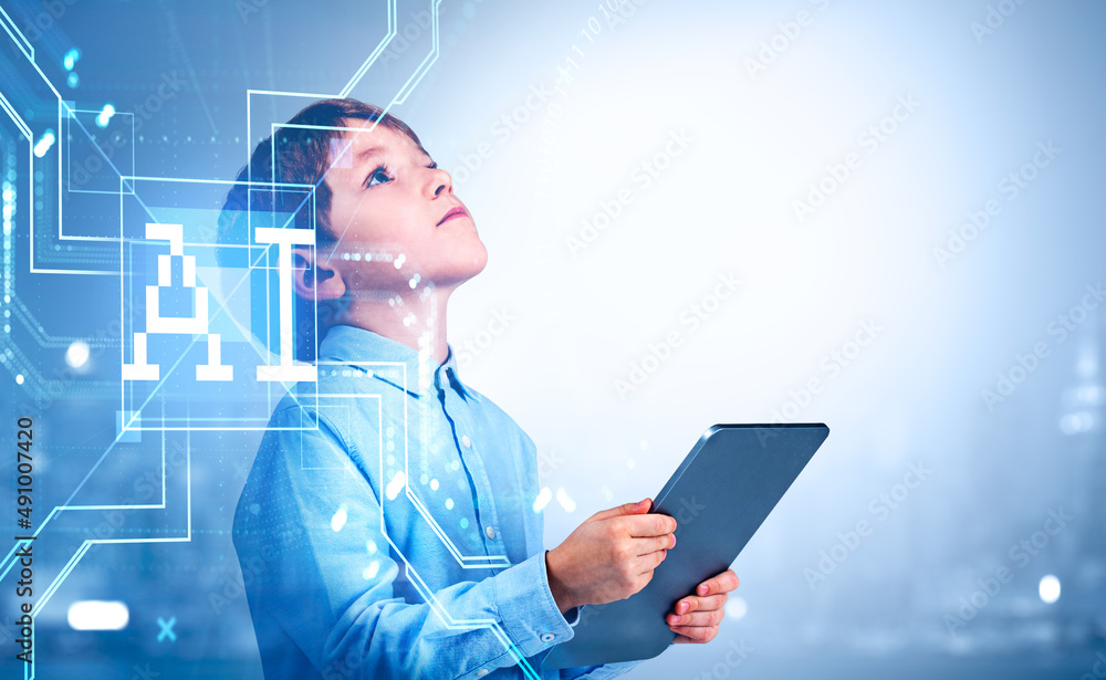 Poster kid boy with tablet, ai digital hologram and binary code with circuit