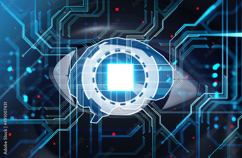 Poster robot eye and digital brain with connection circuit, hologram