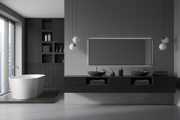 Grey bathroom interior with bathtub, double sink with shelf and window