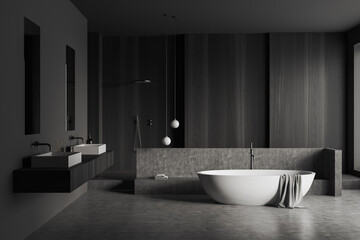 Fototapeta na wymiar Front view on dark bathroom interior with bathtub, shower