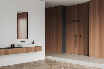 Corner view on bright bathroom interior with shower, mirror, sink