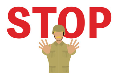 STOP、禁止や制限のジェスチャーをするシニア男性兵士