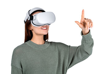 Young woman in vr glasses, finger touch isolated over white background
