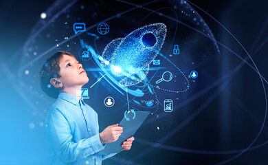 Boy with tablet, startup rocket hologram and business icons - obrazy, fototapety, plakaty