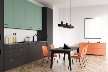 Light kitchen set interior with chairs and table, drawer and mockup poster