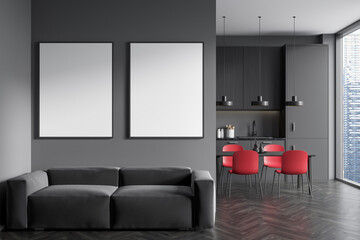 Kitchen interior with sofa and cooking space, panoramic window. Mock up frames