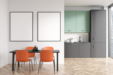 Light kitchen interior with dining table and seats, window. Mockup frames