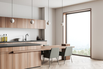 Kitchen interior with table and seats, shelves and panoramic window