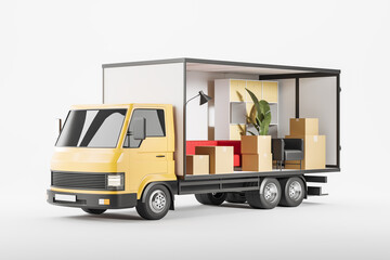 Truck with furniture and boxes, relocation and moving. Delivery company