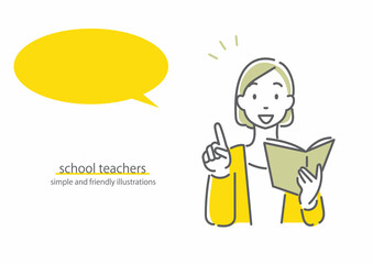 テキストを手に授業をする女性教師　シンプルでお洒落な線画イラスト