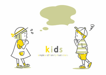 悩む女の子と男の子　シンプルでお洒落な線画イラスト