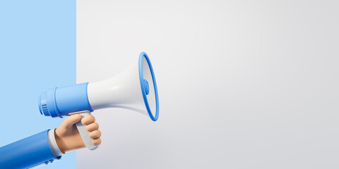 Hand with megaphone on light background, advertisement. Mockup