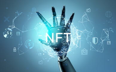 Robot hand touch NFT icons with earth and digital hologram with circuit